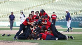 Barr-Reeve players dogpile at the end of the game
